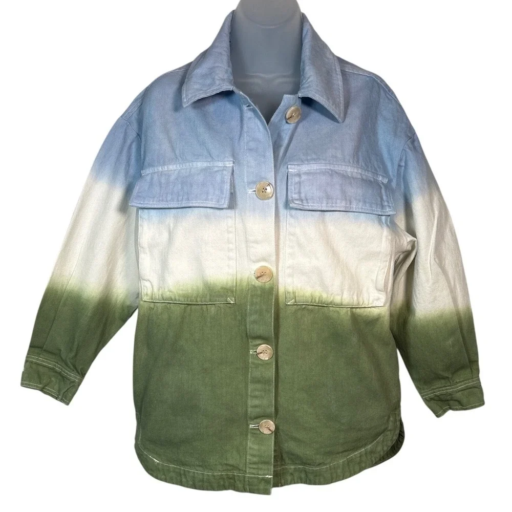 HEYSON Womens Shacket Jacket Ombre Blue White Green Button Front Cotton Small - Picture 1 of 7